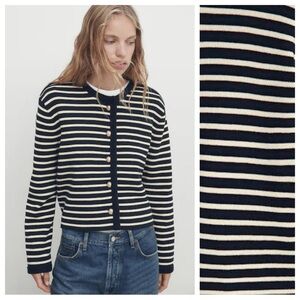 NWT. Massimo Dutti Navy Blue/Ecru Striped Gold-Toned Buttons Cardigan. Size M.